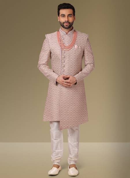 Onion Cream Colour Heavy Wedding Wear Jacquard Banarasi Latest Indo Western Mens Collection 1102